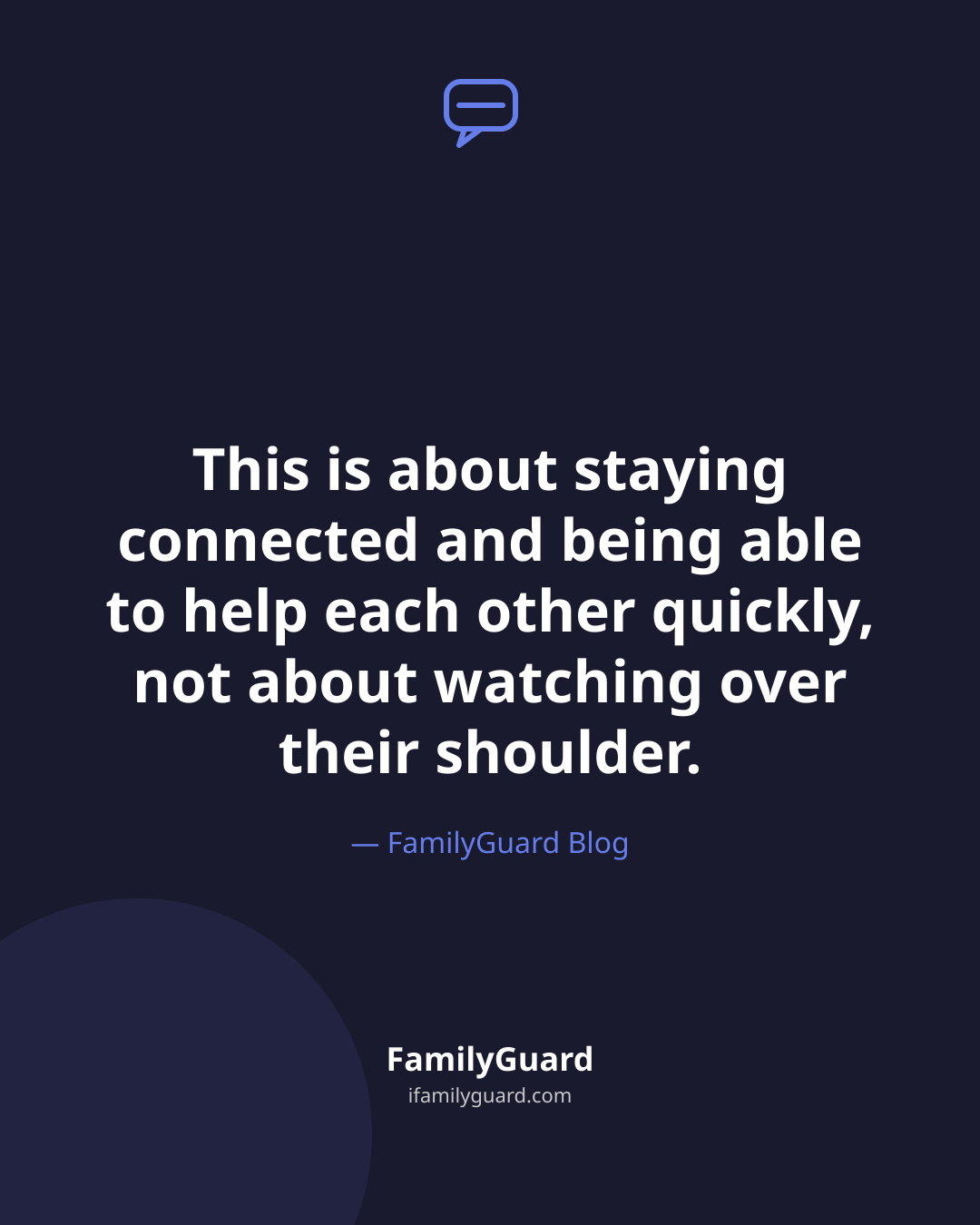 Dark quote card reading "This is about staying connected and being able to help each other quickly, not about watching over their shoulder." attributed to FamilyGuard Blog, with a chat-bubble icon above